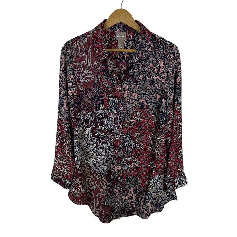 Chicos Paisley Floral Button Down Shirt Size 1 Medium Burgundy Lightweight‎ Boho